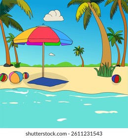 Beach during the day. Summer beach with umbrella and palm trees for Banner. Vector Design Illustration