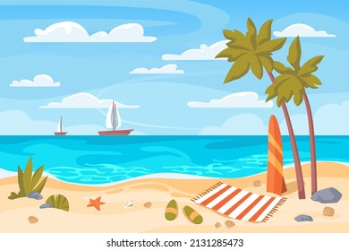 Beach during day, summer vacation and rest by sea. Vector seascape with sailing ships and boats. Blanket for tanning, surfing board for sportive activities. Sunny shore and hot weather, flat cartoon