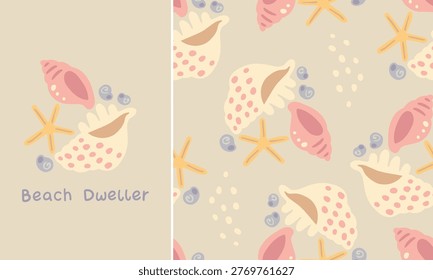 Beach Dweller nautical bundle with aesthetic print and seamless pattern. Sun bleached starfish and shells on beige background. Trendy vector for kids summer swimwear t shirts and nursery room decor