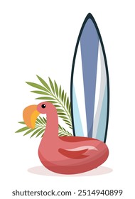 Beach elements concept. Surfboard with flamingo. Active lifestyle and extreme sports. Holiday and vacation, travel and tourism. Flat vector illustration isolated on white background