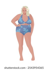 Beach elements concept. Woman in swimsuit. Plump and fatty young girl. Holiday and vacation, travel and tourism. Poster or banner. Flat vector illustration isolated on white background