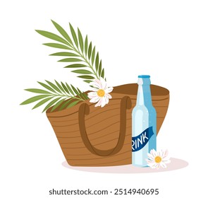 Beach elements concept. Wooven basket near bottle of water. Picnic and rest outdoors. Holiday and vacation, travel and tourism. Flat vector illustration isolated on white background