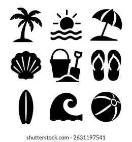 Beach elements icon collection, summer clipart for vacation design