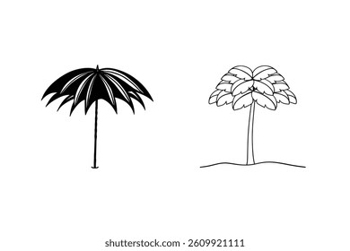 Beach Elements Illustration With Umbrella And Palm Tree On White Background