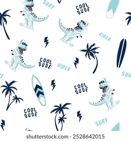 
PADRÃO DE ELEMENTOS DE PRAIA COM DINOSSAUROS, PLACAS DE SURF E PALMEIRAS PARA QUALQUER TIPO DE ESTAMPAGEM OU IMPRESSÃO EM PAPEL