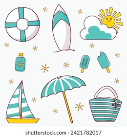 beach elements set collection cartoon vector icon illustration