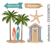 Beach elements set with beach house, palm trees surfboards. Summer scene with beach house on the sand. Wooden signs in the form of arrows. Illustrated vector clipart. 