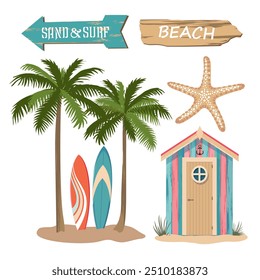 Beach elements set with beach house, palm trees surfboards. Summer scene with beach house on the sand. Wooden signs in the form of arrows. Illustrated vector clipart. 