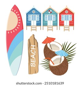 Elementos de praia definidos com casa, prancha de surfe, sacudir coco. Cocos com tubo e folhas de palmeira. Grupo de casas vintage diferentes. Clipart vetorial ilustrado. 