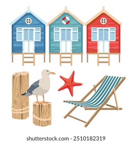 Elementos de praia com casas, chaise lounge, gaivota em um poste. Grupo de casas vintage diferentes. Clipart vetorial ilustrado. 