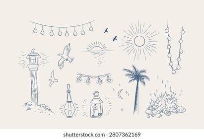 Beach elements set with palm, bonfire, lantern, birds, sun, moon, garland lights, and sunset lines in hand drawn sketch style. Evokes vacation, relaxation, wanderlust. Cartoon vector illustration.
