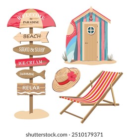 Beach elements set with signpost and sun loungers. A straw sun hat. Wooden vintage surfboard cabin. Illustrated vector clipart. 