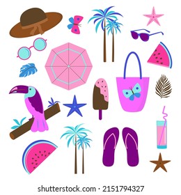 Beach elements set. Summer icons. Vector illustration 