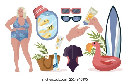 Beach elements set. Woman in swimsuit near mirror, sunglasses, flamengo and surfboard. Cream and suntan. Holiday and vacation, tourism. Flat vector collection isolated on white background