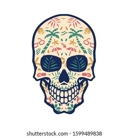 Beach elements in skull, hand drawn line with digital color, vector illustration