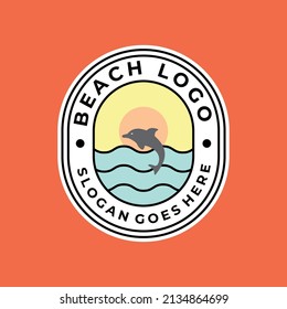 beach emblem logo vector Dolphin jump water logo and symbol with sunset