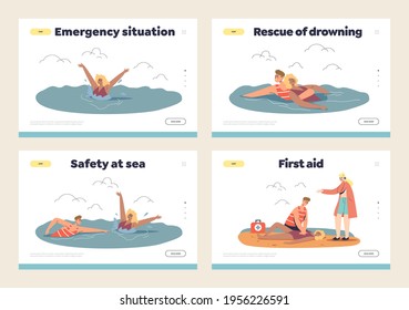 Beach emergency set of landing pages with lifeguard saving and giving first aid to sinking woman tourist while swimming in sea. Cartoon flat vector illustration