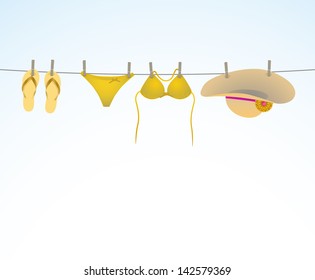 Beach Equipment On A Clothesline - Sandals, Bikini And Hut Illustration