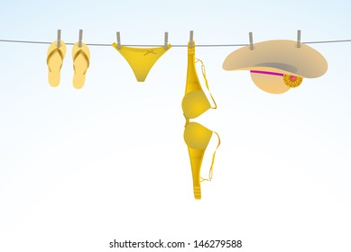 Beach Equipment On A Clothesline - Sandals, Bikini And Hut Illustration