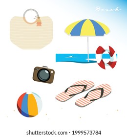 beach equipment stuffs for travel summer vacation holiday sandals woven bag, camera, beach ring, sand, beach soccer in vector