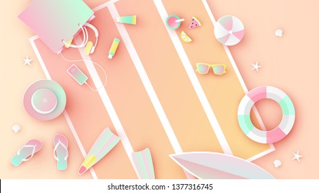 Beach equipment with swim ring, sunglasses, sunscreen, sandals, surfboard, smartphone, flippers, bag, ball, hat, and juice placed on the beach blanket. paper cut and craft style. vector, illustration.