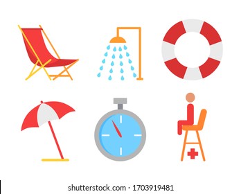 Beach equipment vector icon in cartoon style. Shower and lifebuoy, sunbed and open umbrella, stopwatch and lifesaver seat, simple primitive emblem