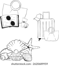 Beach essentials composition set. Vector graphic line ink isolated. bad with book, sunglasses, seashells, suitcase and cap. illustration for package, vacation design, fabric and textile.
