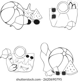 Beach essentials composition set. Vector graphic line ink isolated. beach ball, cap, bag, sunglasses, swimsuit, spf cream. background for banners, print for fabric, labels, t-shirt printing.
