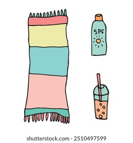 Beach essentials illustration featuring a striped towel, SPF bottle, and refreshing drink. Perfect for summer vacation designs and seaside relaxation themes.