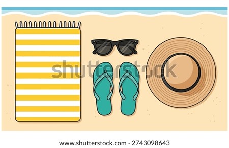 Beach essentials laid out on sandy shore with notebook and sunglasses