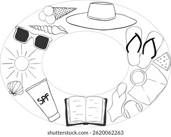 Beach essentials Oval frame template for text. Vector graphic line ink illustration. Summer sale promotion round board surrounded by beach objects. for package, cosmetic, textile, cards.
