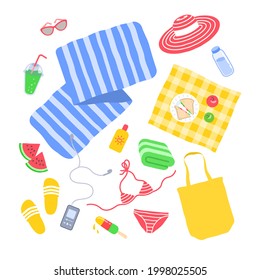 Beach Essentials For Perfect Day In The Sun. Summer Vacation Travel Beach Stuff. Beach Mat With Picnic Blanket, Flip Flops, Towel And Bikini, Water Bottle, Sunscreen, Sunglasses. Cartoon Illustration