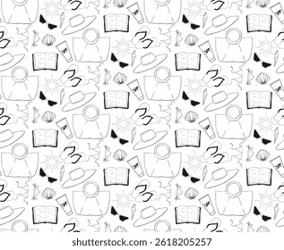 beach essentials seamless pattern. Vector graphic line ink illustration of book, sunglasses, bag, seashells, sunscreen cream. background for banners, print for fabric, labels, t-shirt printing.
