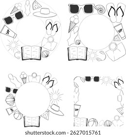 Beach essentials square frame template for text. Vector graphic line ink illustration. For vacation poster, beach party invitation, backdrop, ad, sale promotion, print for t-shirt
