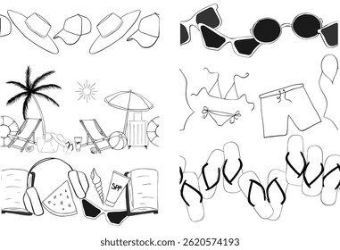 Beach essentials Vector horizontal seamless border set. Vector graphic line ink illustration. for package, vacation design, fabric and textile. logo, web, package, sticker.

