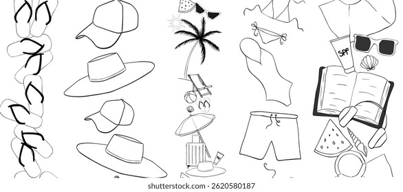 Beach essentials Vector vertical seamless border set. Vector graphic line ink illustration. for package, vacation design, fabric and textile. logo, web, package, sticker.
