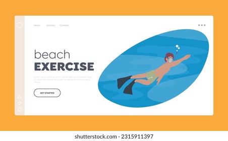 Beach Exercise Landing Page Template. Man Snorkeling With Mask, Exploring Underwater Wonders, Discovering Vibrant Marine Life, And Experiencing Underwater Adventure. Cartoon People Vector Illustration