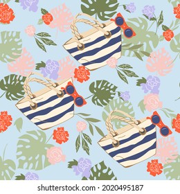 Beach exotic summer vacation seamless pattern. Travel wallpaper design for decorative endless pattern with beach bag and sunglasses, flat vector illustration.