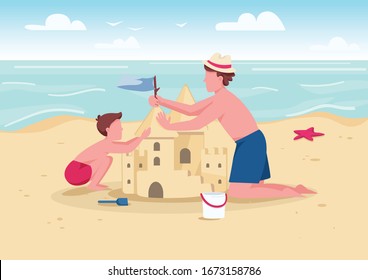 Beach family activity flat color vector illustration. Parent and kid summer entertainment. Father and son building sandcastle 2D cartoon characters with sand beach and sea on background