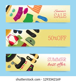 Beach fashion banners vector illustration. Summer woman s outfit. Fashion set with beach clothes and accessories. Sale and discount. Summer best offer. Clothing advertisement.