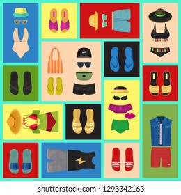 Beach fashion seamless pattern vector illustration. Summer woman s and man s outfit. Fashion beach clothes and accessories. Summer clothing for vocation fabric, textile. Sweam suit, hat.
