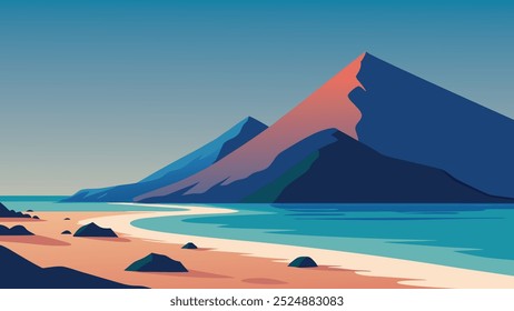 Playa con rocas y agua, con el telón de fondo de una majestuosa Ilustración vectorial montañosa