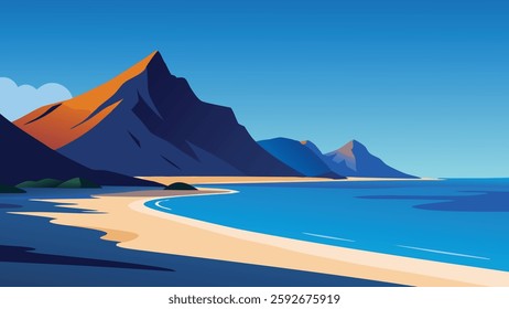 Beach featuring a rocky shore, with majestic mountains rising in the background under a clear blue sky flat vector illustration.