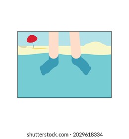 Beach. Feet in the water. Sea. Summer. Vector illustration.