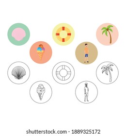 Beach Fill Outline Icon Bundle With Clam, Ice Cream, Buoy, Coast Guard, Coconut Tree