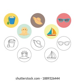 Beach Fill Outline Icon Bundle With Sand Bucket, Sand Castle, Hat, Boat, Sunglasses