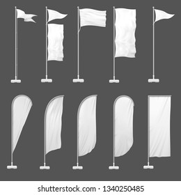 Beach Flag. Outdoor Banner On Flagpole, Stand Blank Flags And Empty Advertising Beachfront Banners. Marketing Beach Realistic Signboard. 3d Template Vector Illustration Isolated Icons Set