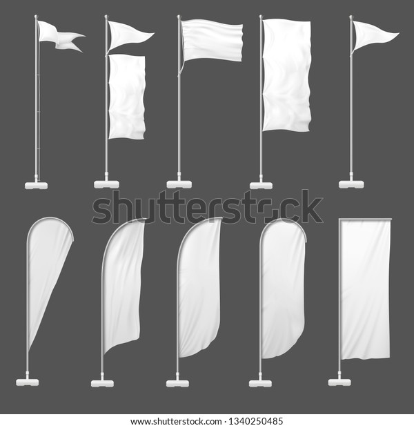 Beach flag. Outdoor banner on flagpole, stand blank\
flags and empty advertising beachfront banners. Marketing beach\
realistic signboard. 3d template vector illustration isolated icons\
set