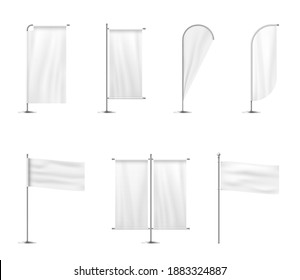 Beach flag set, warning signs safety tips for beachgoers, surfers. Hazard, lifesaving service symbols or sporting event use. Vector beach flag realistic style illustration