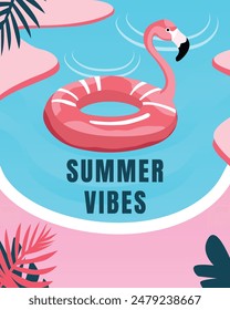 Beach flamingo swim ring in the pool banner, illustration, background. Summer banner, poster